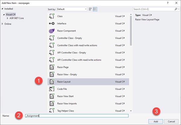 Visual Studio - Add Razor Layout item